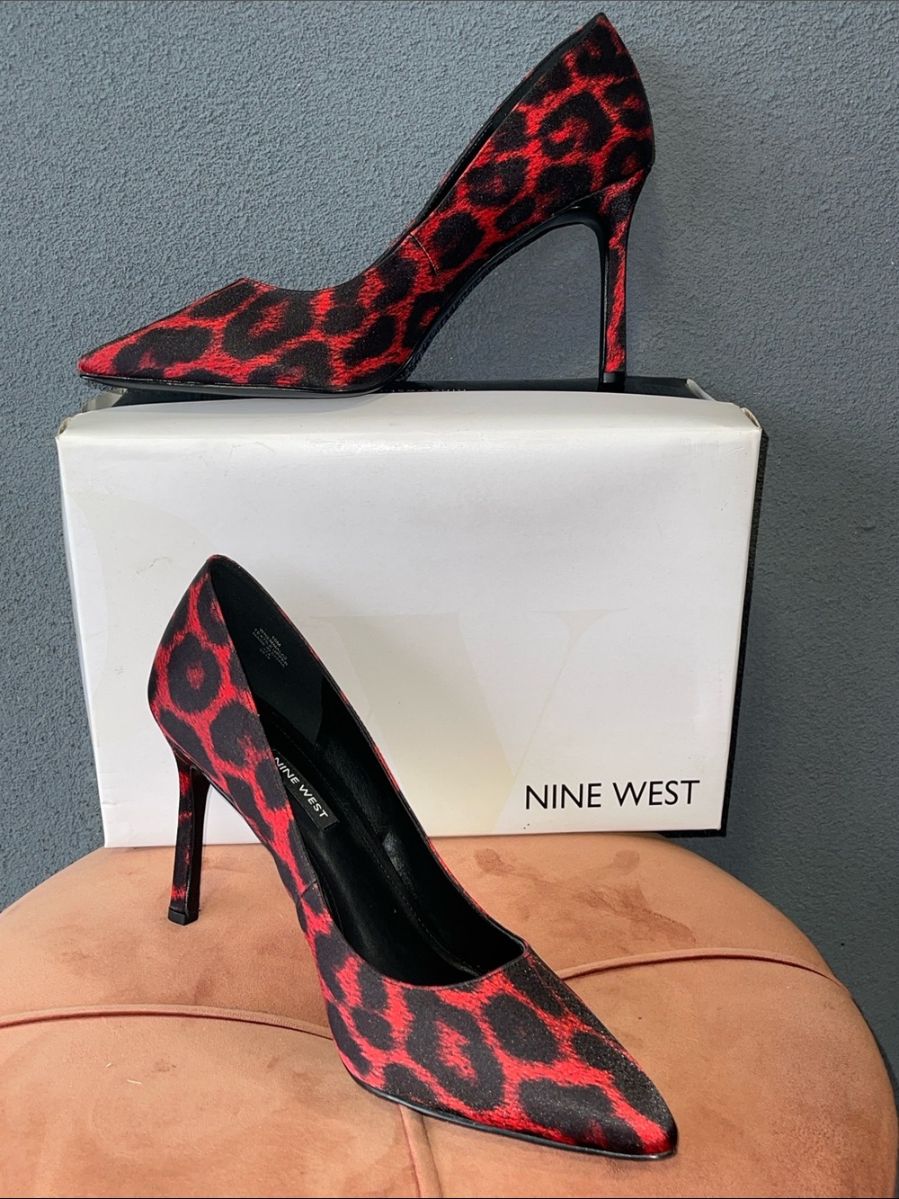 Nine West Red and Black Leopard-Print Pointed Toe Pumps
